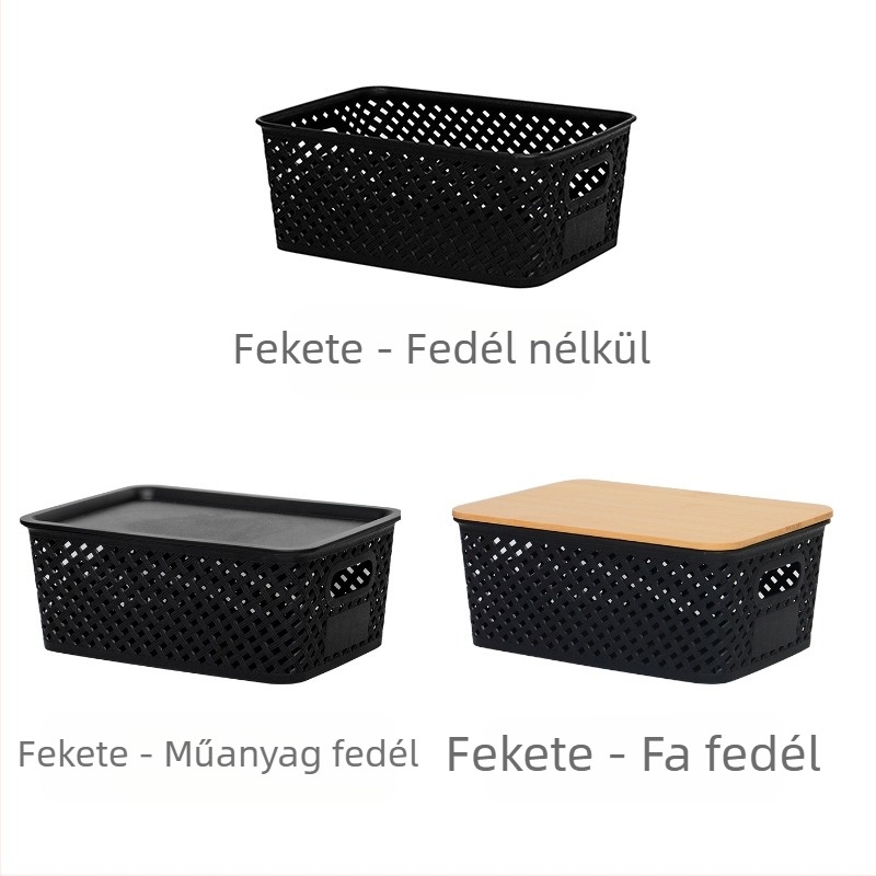 Plaid mintázatú imitációs rattan kosár bambusz fedéllel – minimalist irodai asztali rendező