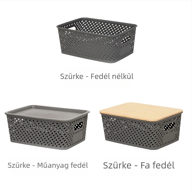 Plaid mintázatú imitációs rattan kosár bambusz fedéllel – minimalist irodai asztali rendező
