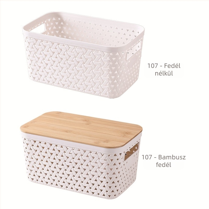 Plaid mintázatú imitációs rattan kosár bambusz fedéllel – minimalist irodai asztali rendező