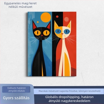 Macska karikatúra stílusú dekoratív festmény vászonra, nappali és hálószoba falikép, étterem falikép, lógatható kép