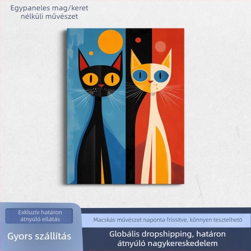 Macska karikatúra stílusú dekoratív festmény vászonra, nappali és hálószoba falikép, étterem falikép, lógatható kép