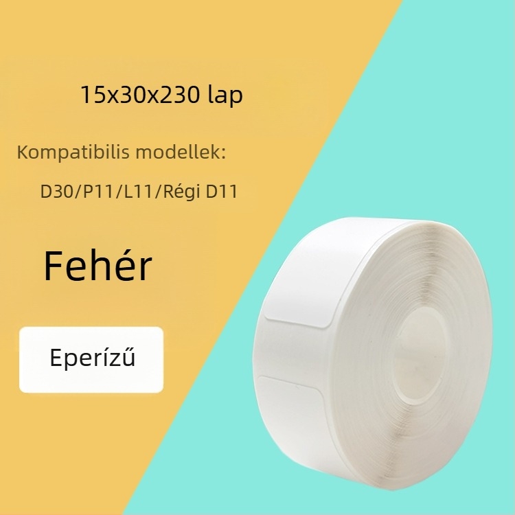 P11/P15 címkepapír címkenyomtatóhoz — termikus szintetikus papír, 75G, víz alapú ragasztó, vízálló és szakadásálló, kompatibilis a P11/P15-tel