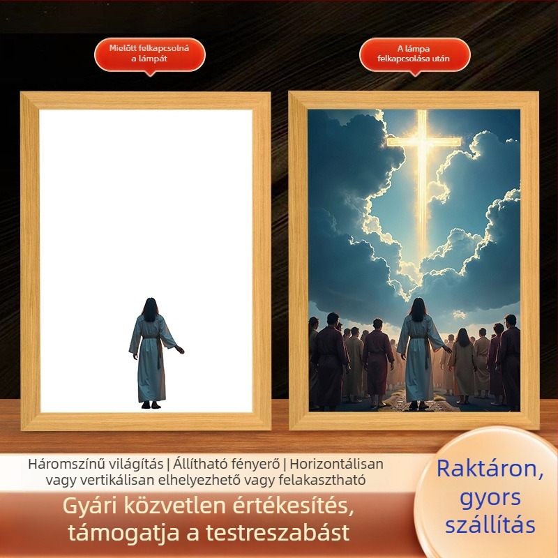 Világított keresztmotívumú kép nappalira, amely melegséget, nyugalmat és szeretetet áraszt; kreatív asztali dekor.