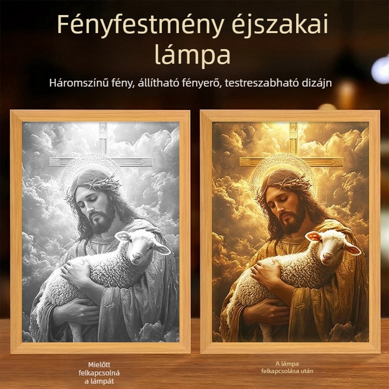 Világított keresztmotívumú kép nappalira, amely melegséget, nyugalmat és szeretetet áraszt; kreatív asztali dekor.