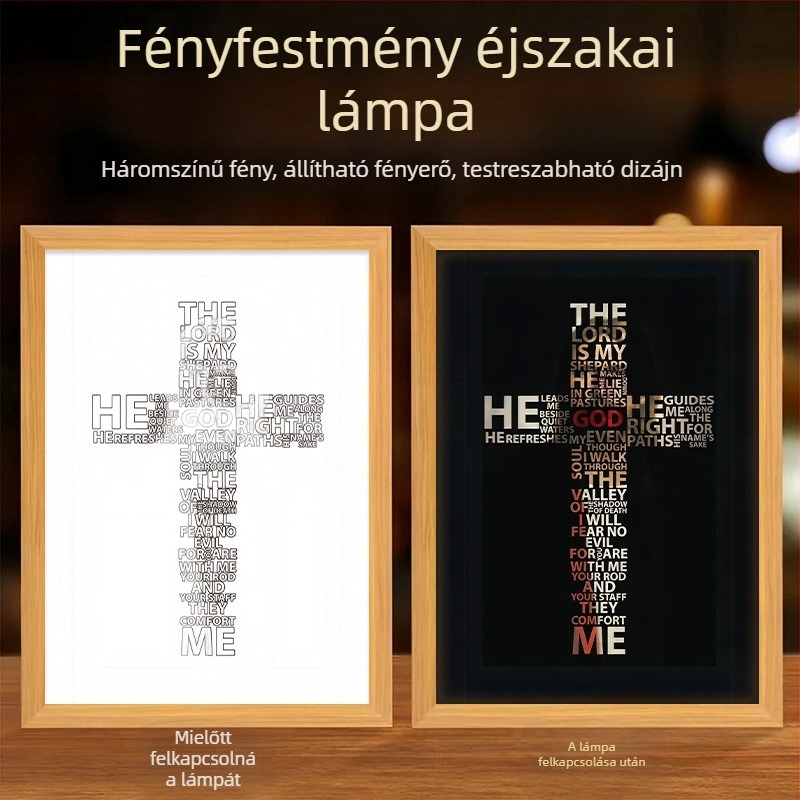 Világított keresztmotívumú kép nappalira, amely melegséget, nyugalmat és szeretetet áraszt; kreatív asztali dekor.
