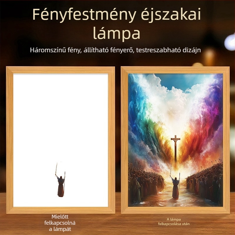 Világított keresztmotívumú kép nappalira, amely melegséget, nyugalmat és szeretetet áraszt; kreatív asztali dekor.