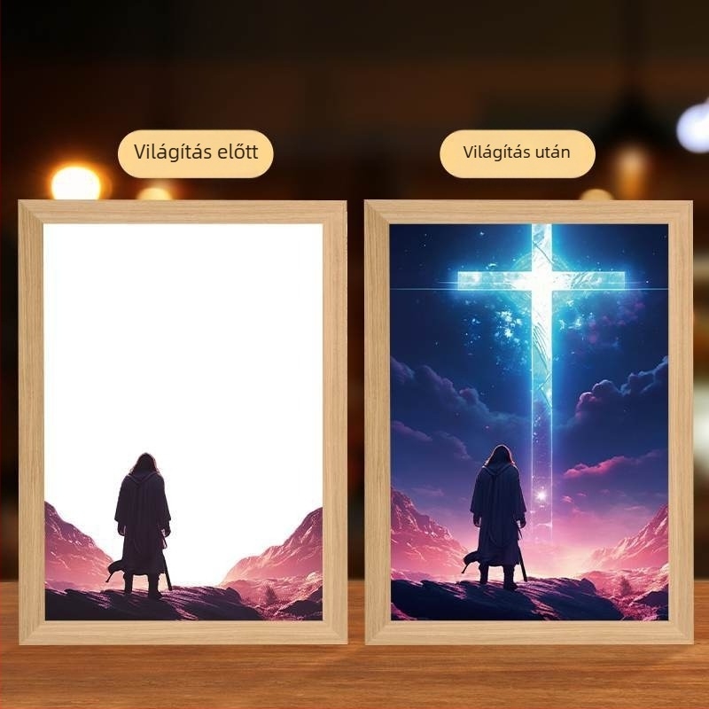 Világított keresztmotívumú kép nappalira, amely melegséget, nyugalmat és szeretetet áraszt; kreatív asztali dekor.
