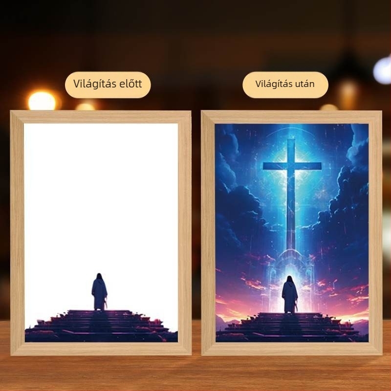 Világított keresztmotívumú kép nappalira, amely melegséget, nyugalmat és szeretetet áraszt; kreatív asztali dekor.