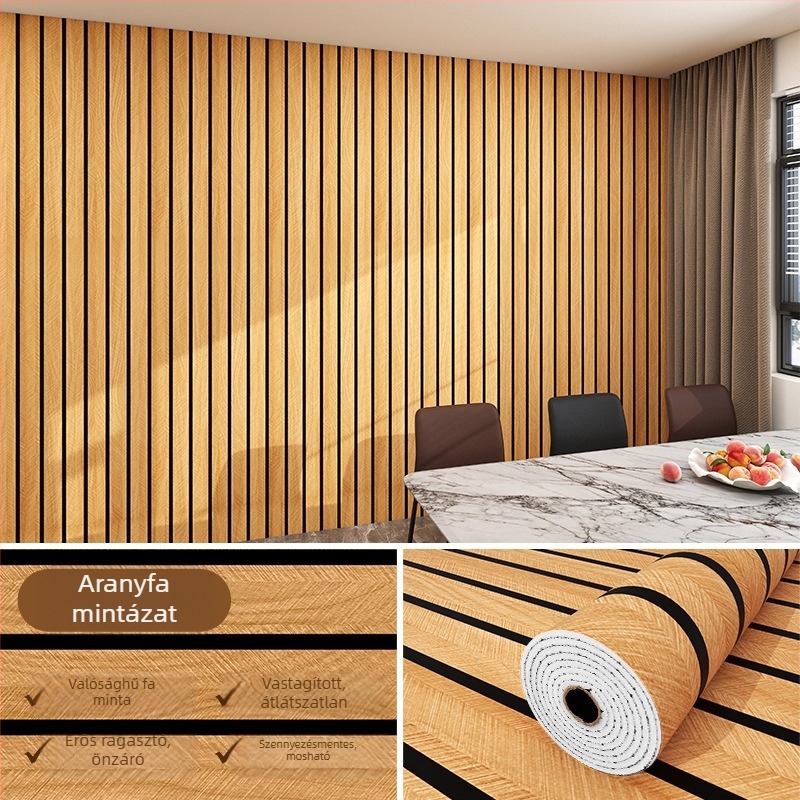 Öntapadós PVC falburkolat fa textúrával és rácsos mintával, vízálló és nedvességálló, nappali televízióháttérhez