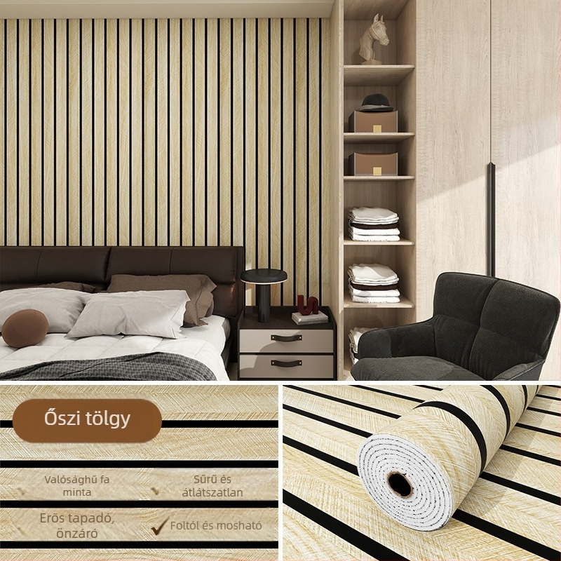 Öntapadós PVC falburkolat fa textúrával és rácsos mintával, vízálló és nedvességálló, nappali televízióháttérhez