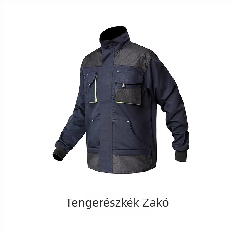 Autóreparáláshoz készülő munkaruha-szett, kopásálló Oxford vászon, kétrészes szett több zsebbel, porvédelmi funkció, hímzés lehetősége.