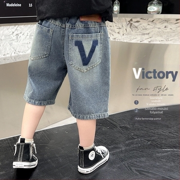 Gyerekeknek szóló denim Capri rövidnadrág, nyár 2025, középmagas derék, pamut-poliészter-újrahasznosított rostok keveréke, Capri hossz, 8 év feletti gyerekek számára