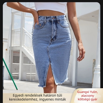 Magas derekú középméretű farmer szoknya hasítékkal, rugalmas pamut denim, utcai hipster stílus