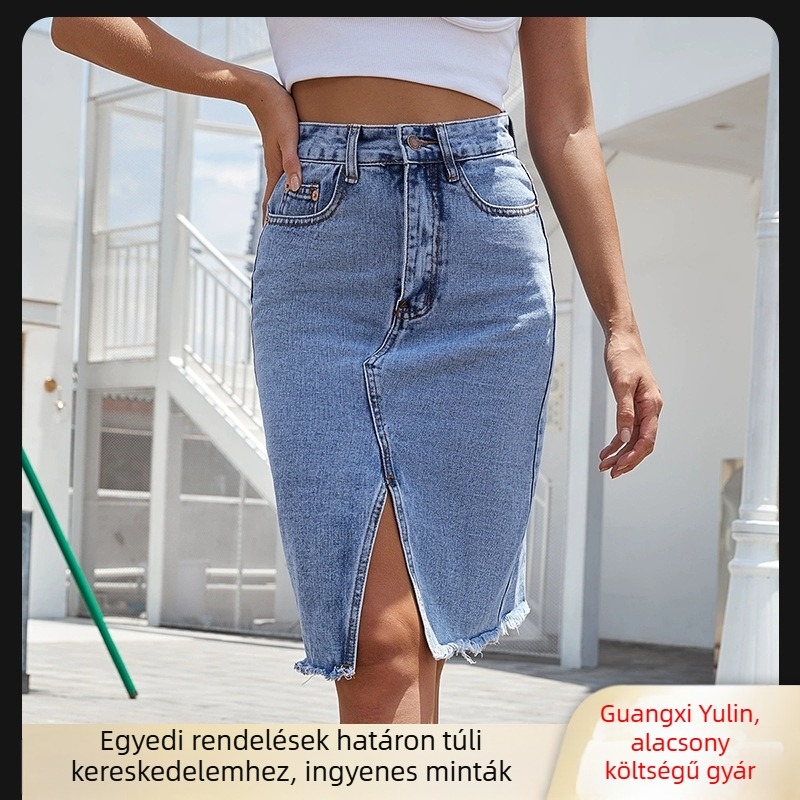 Magas derekú középméretű farmer szoknya hasítékkal, rugalmas pamut denim, utcai hipster stílus