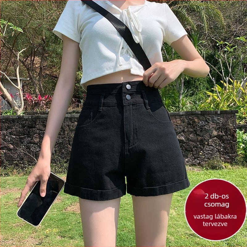 Női magas derekú denim short, széles szabású, ultra vékony denim anyag (95%+ pamut)