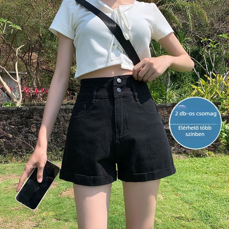Női magas derekú denim short, széles szabású, ultra vékony denim anyag (95%+ pamut)