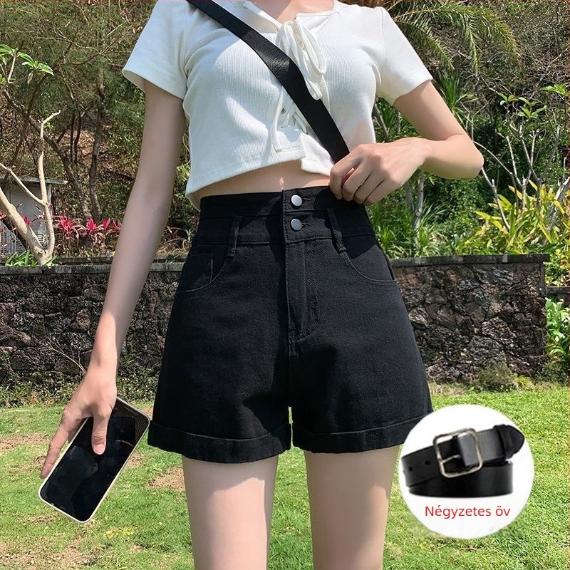 Női magas derekú denim short, széles szabású, ultra vékony denim anyag (95%+ pamut)