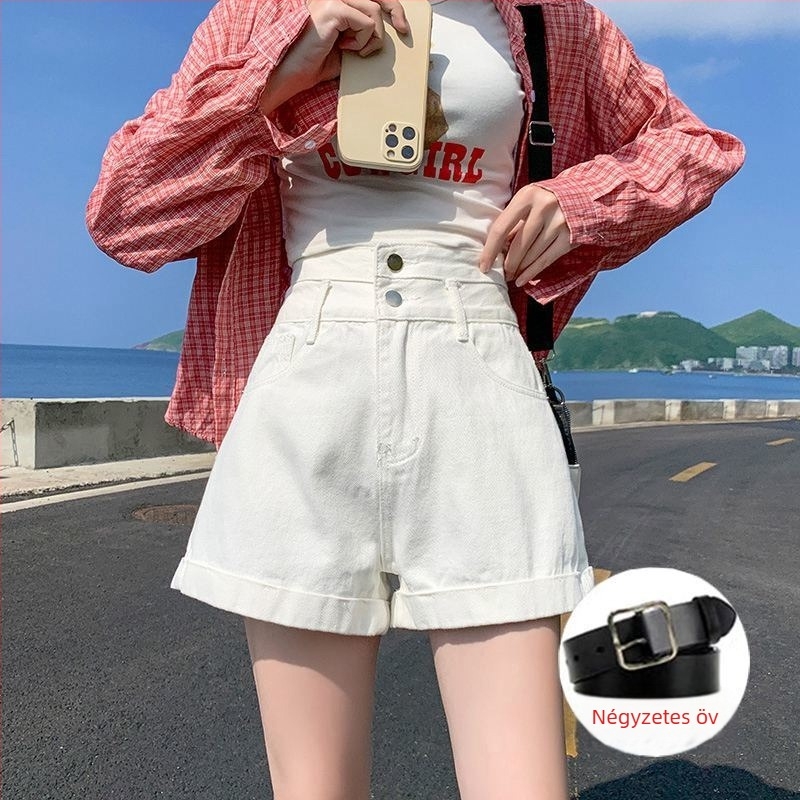 Női magas derekú denim short, széles szabású, ultra vékony denim anyag (95%+ pamut)
