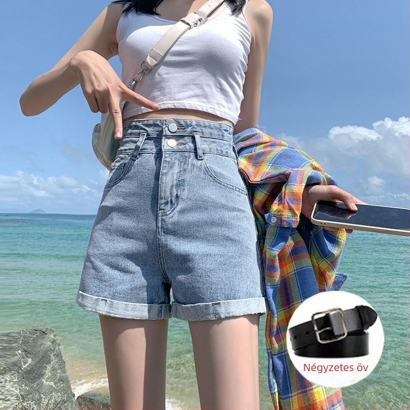 Női magas derekú denim short, széles szabású, ultra vékony denim anyag (95%+ pamut)