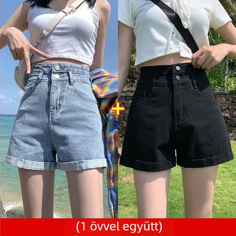 Női magas derekú denim short, széles szabású, ultra vékony denim anyag (95%+ pamut)