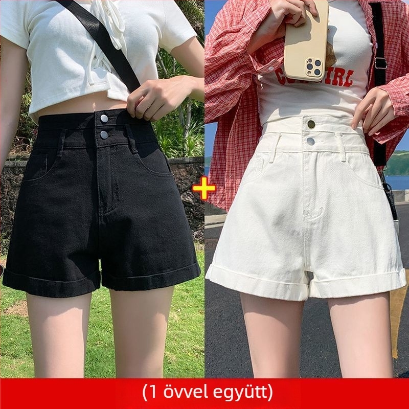 Női magas derekú denim short, széles szabású, ultra vékony denim anyag (95%+ pamut)