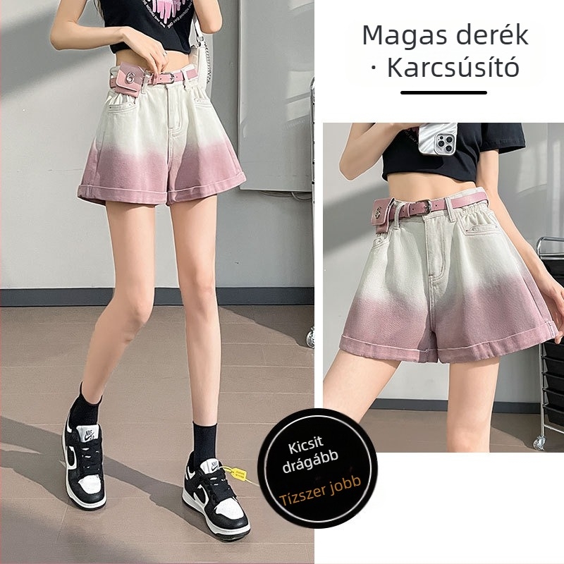 Pamut denim rövidnadrág, magas derekú, A-vonalú szabás, felhajtható szegéllyel, karcsú fazon