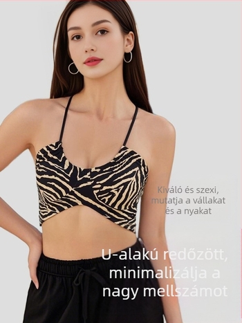Női integrált vékony pántos sportmelltartó - leopárd mintás, 3/4 kosár, közepes formázó kosár, nylon 75% és 25% spandex bélés, rögzített dupla pántok