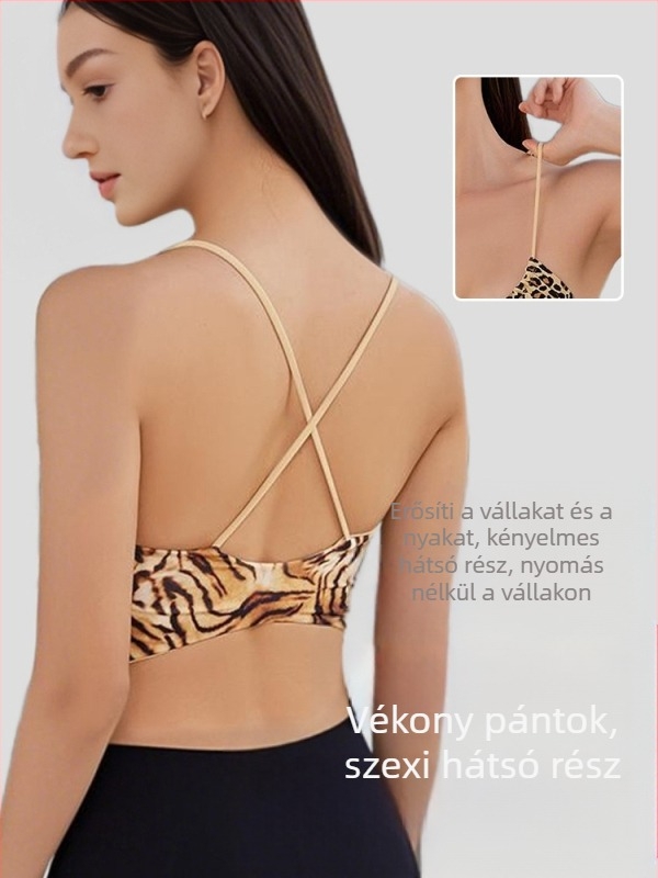 Női integrált vékony pántos sportmelltartó - leopárd mintás, 3/4 kosár, közepes formázó kosár, nylon 75% és 25% spandex bélés, rögzített dupla pántok