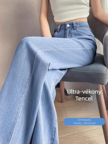 Női Lyocell denim nadrág, könnyű nyári viselet, 2026-os modell, világos szín, drapírozott, laza szabású, széles lábú, magas derék