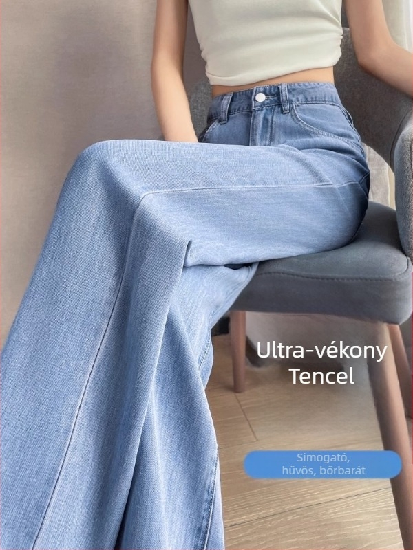 Női Lyocell denim nadrág, könnyű nyári viselet, 2026-os modell, világos szín, drapírozott, laza szabású, széles lábú, magas derék