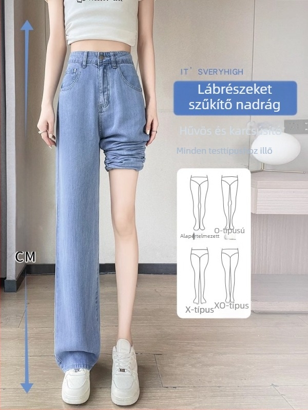 Női Lyocell denim nadrág, könnyű nyári viselet, 2026-os modell, világos szín, drapírozott, laza szabású, széles lábú, magas derék