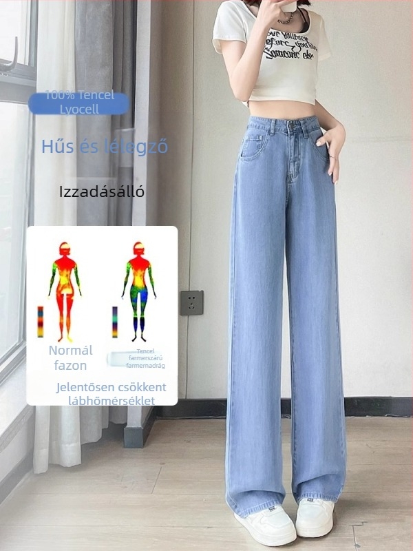 Női Lyocell denim nadrág, könnyű nyári viselet, 2026-os modell, világos szín, drapírozott, laza szabású, széles lábú, magas derék