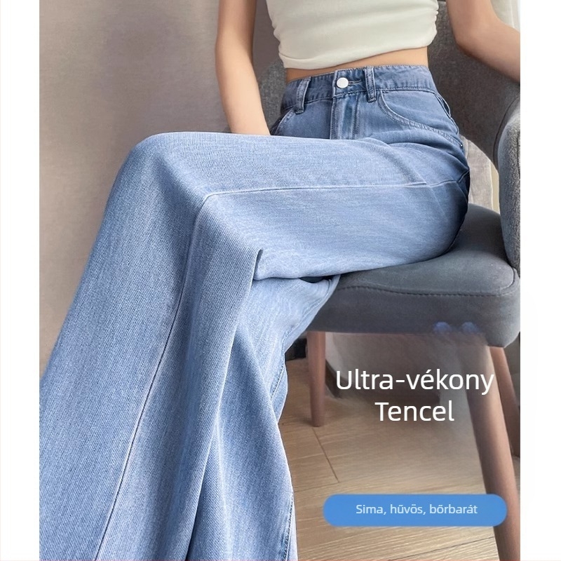 Női Lyocell denim nadrág, könnyű nyári viselet, 2026-os modell, világos szín, drapírozott, laza szabású, széles lábú, magas derék