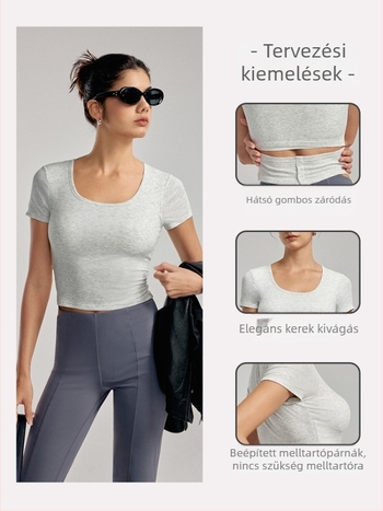 Jóga felső női melltartóbetéttel - lélegző viszkóz-elasztán keverék, slim-fit, derékig érő hossz, rövid ujjú, edzésre és jóga