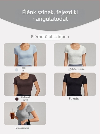 Jóga felső női melltartóbetéttel - lélegző viszkóz-elasztán keverék, slim-fit, derékig érő hossz, rövid ujjú, edzésre és jóga