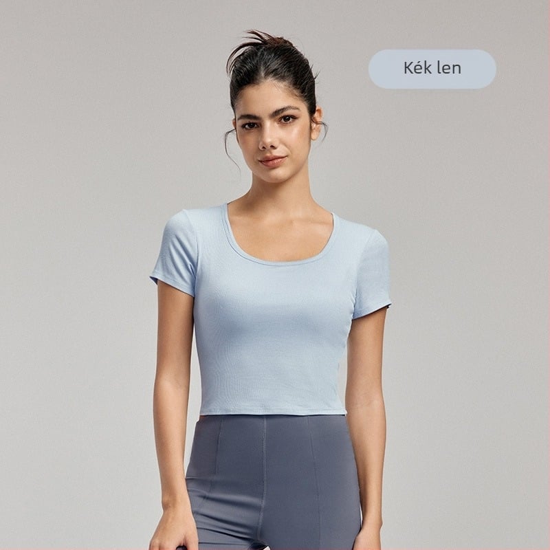 Jóga felső női melltartóbetéttel - lélegző viszkóz-elasztán keverék, slim-fit, derékig érő hossz, rövid ujjú, edzésre és jóga