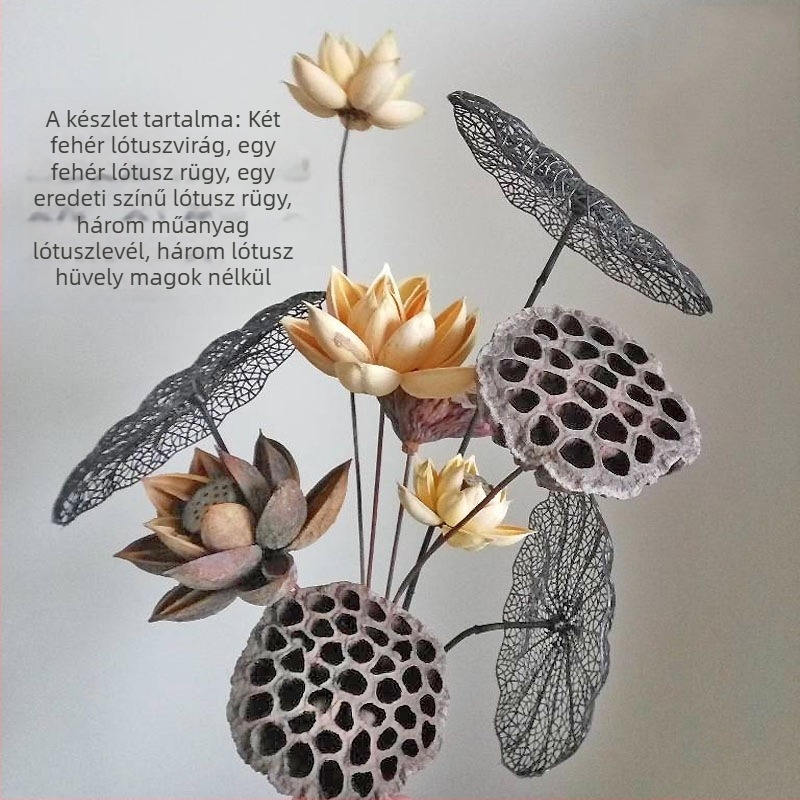 Zén-stílusú szárított virágcsokor nappalira – vegyes elemekkel, lótusz és fenyőtobozokkal (Variety: Lily; Material: Other; Craft: Other; Gift: No)