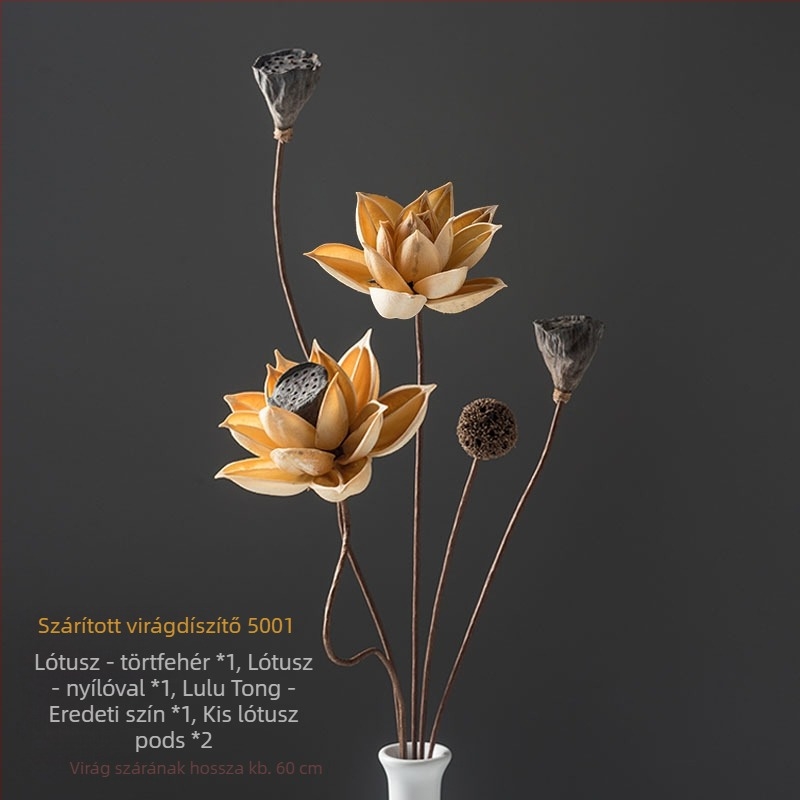Zén-stílusú szárított virágcsokor nappalira – vegyes elemekkel, lótusz és fenyőtobozokkal (Variety: Lily; Material: Other; Craft: Other; Gift: No)