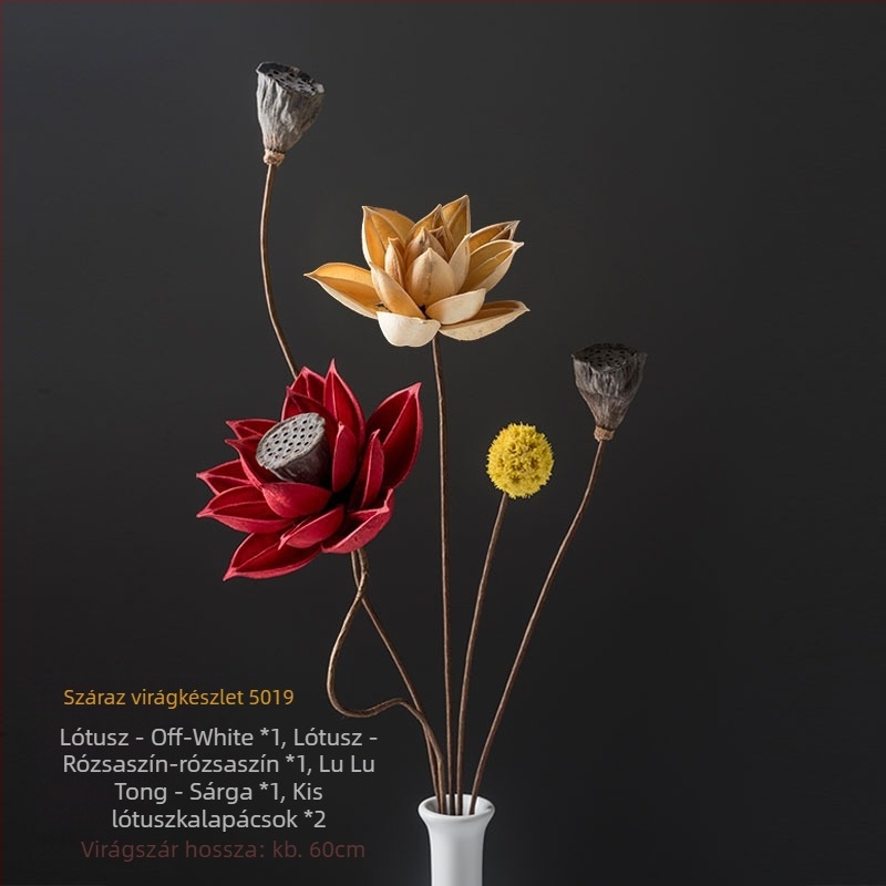 Zén-stílusú szárított virágcsokor nappalira – vegyes elemekkel, lótusz és fenyőtobozokkal (Variety: Lily; Material: Other; Craft: Other; Gift: No)