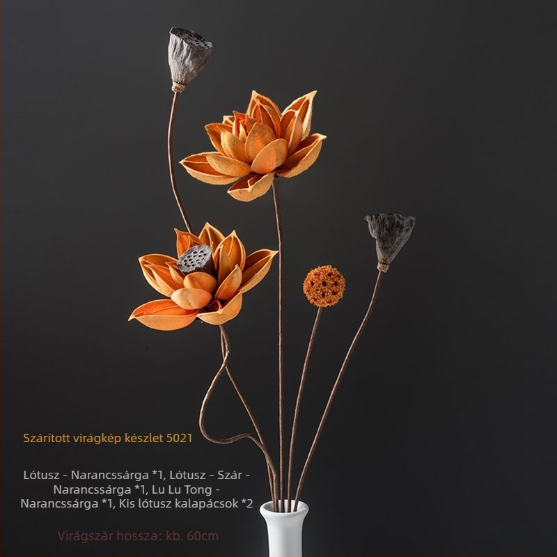 Zén-stílusú szárított virágcsokor nappalira – vegyes elemekkel, lótusz és fenyőtobozokkal (Variety: Lily; Material: Other; Craft: Other; Gift: No)