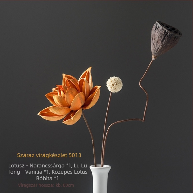 Zén-stílusú szárított virágcsokor nappalira – vegyes elemekkel, lótusz és fenyőtobozokkal (Variety: Lily; Material: Other; Craft: Other; Gift: No)