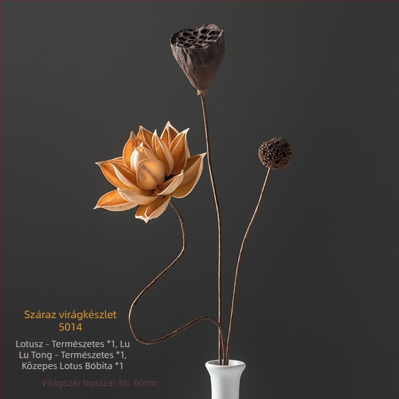 Zén-stílusú szárított virágcsokor nappalira – vegyes elemekkel, lótusz és fenyőtobozokkal (Variety: Lily; Material: Other; Craft: Other; Gift: No)