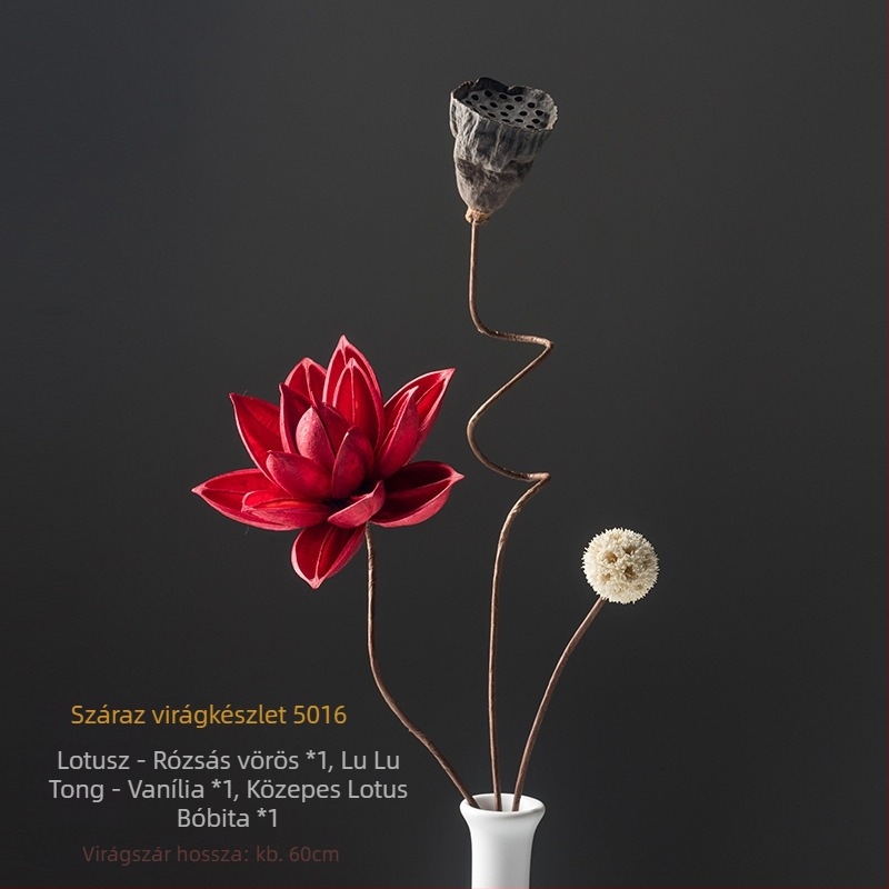 Zén-stílusú szárított virágcsokor nappalira – vegyes elemekkel, lótusz és fenyőtobozokkal (Variety: Lily; Material: Other; Craft: Other; Gift: No)
