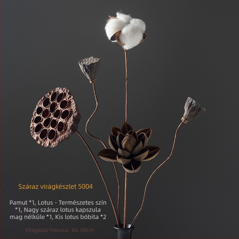 Zén-stílusú szárított virágcsokor nappalira – vegyes elemekkel, lótusz és fenyőtobozokkal (Variety: Lily; Material: Other; Craft: Other; Gift: No)