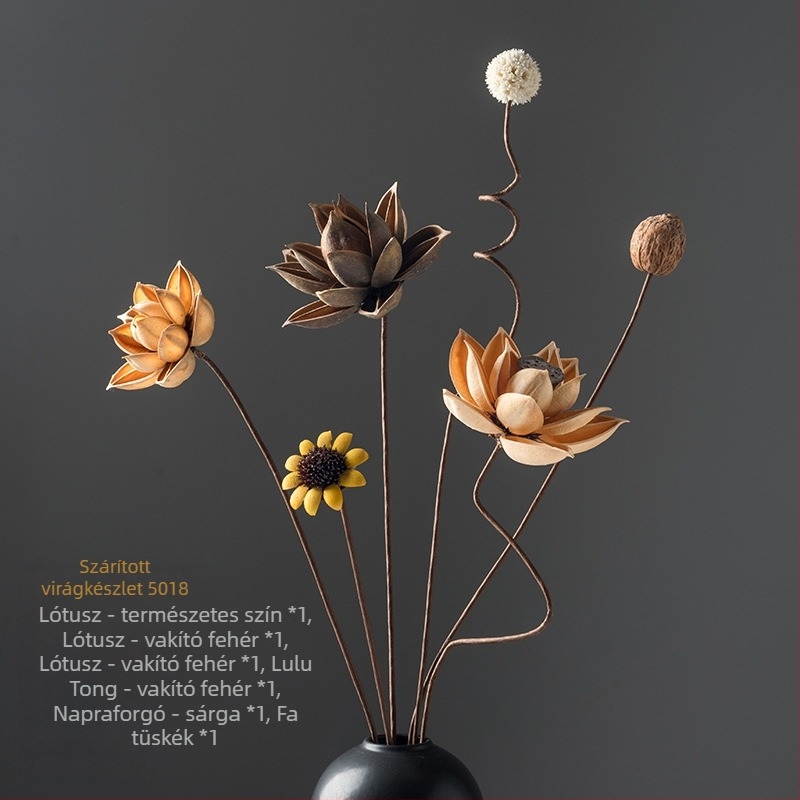 Zén-stílusú szárított virágcsokor nappalira – vegyes elemekkel, lótusz és fenyőtobozokkal (Variety: Lily; Material: Other; Craft: Other; Gift: No)