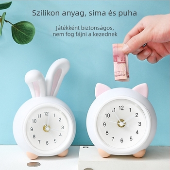 Gyerekeknek szóló asztali óra piggy bankkal és éjjeli fényével, akkumulátoros, mechanikus működés, egyoldalas műanyag tok, rajzfilm stílus