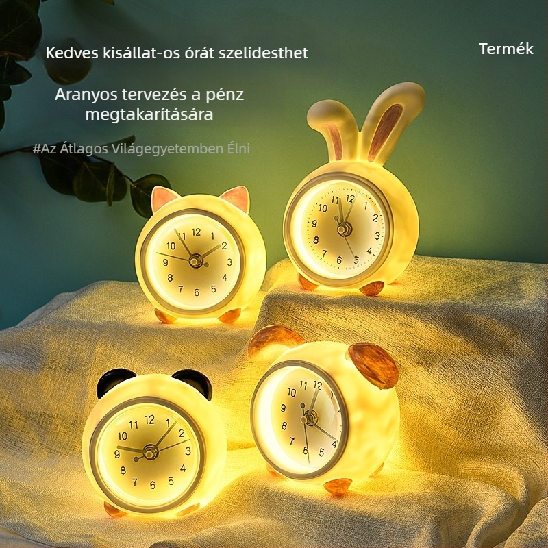Gyerekeknek szóló asztali óra piggy bankkal és éjjeli fényével, akkumulátoros, mechanikus működés, egyoldalas műanyag tok, rajzfilm stílus