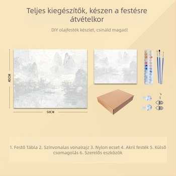 Kínai táj digitális olajfestmény – DIY kézzel festett színezés akril-olajfestékkel, tömörfa keret, kínai stílus