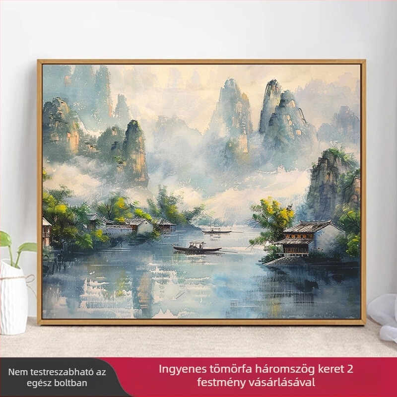 Kínai táj digitális olajfestmény – DIY kézzel festett színezés akril-olajfestékkel, tömörfa keret, kínai stílus