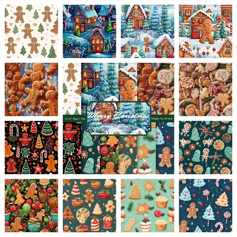 Mézeskalács-ember témájú háttérpapír DIY dekorációkhoz – Vintage kézműves kártya készítéséhez, 157gsm bevonó papír + 160gsm offset belső, 12 lapos csomag (opciók: 24 lap 40g, 36 lap 80g, 120g)